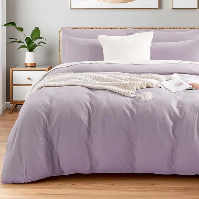 Professional NEXHOME PRO Duvet Cover Set Washed Cotton Oversized King 120 quot x98 quot Linen Feel Textured Organic Natural 3 Pieces Bedding Set Lavender Lilac Purple with Zipper Closure Breathable No Comforter Consistent