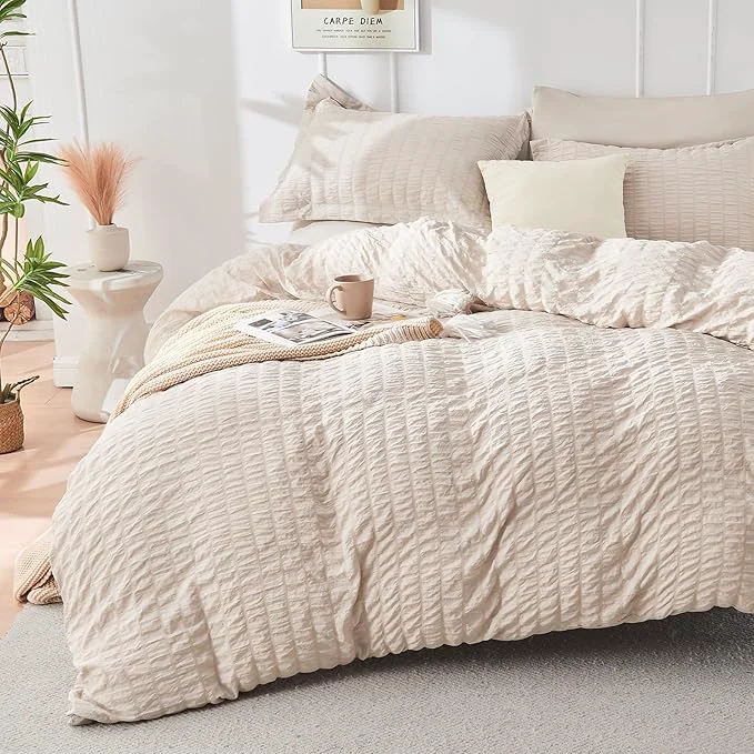 Premium HYMOKEGE Beige Duvet Cover King Size Ultra Soft 3-Piece Seersucker Duvet Cover Set with Zipper Closure Soft Brushed Microfiber Bedding Set with 8 Corner Ties 104 quot x90 quot 2 Pillowshams Fast