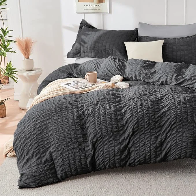 Carefully Designed HYMOKEGE Dark Grey Light Grey Duvet Cover Queen Size Ultra Soft 3-Piece Seersucker Duvet Cover Set with Zipper Closure Soft Brushed Microfiber Bedding Set with 8 Corner Ties 90 quot x90 quot 2 Pillowshams Sustainable