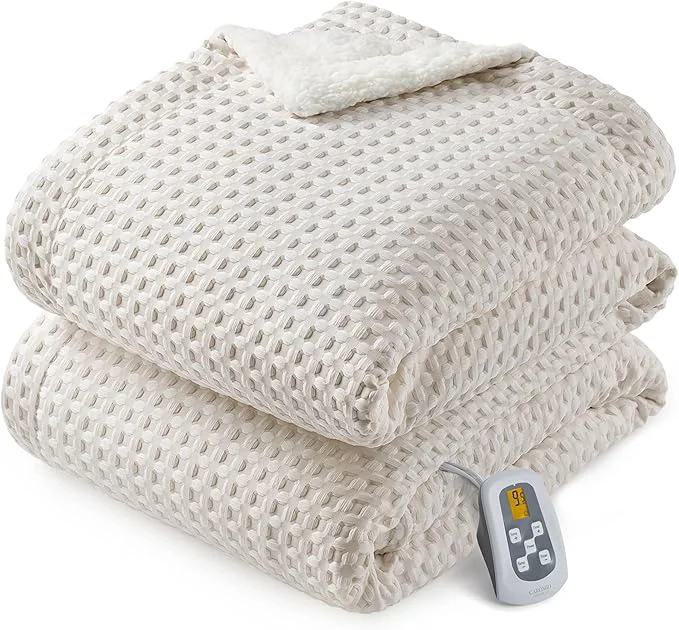 Elite CAROMIO Heated Blanket Twin Size Waffle Weave Electric Throw Blanket Fast Heating with LCD Controller 10 Heat Levels amp 1-12H Time Settings Auto Off ETL Beige 62 quot x 84 quot Unique