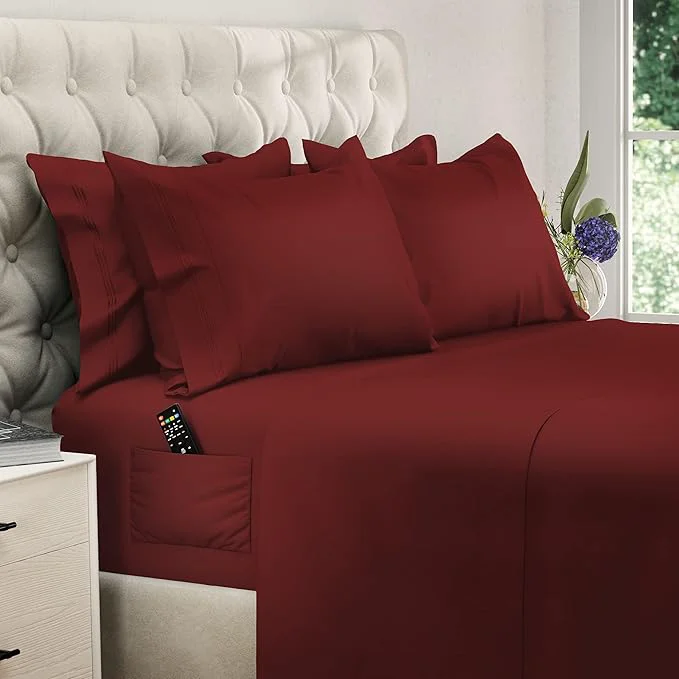 Fine DREAMCARE California King Sheet Sets – 6 pcs Cooling Bed Sheets – up to 21 Deep Cal King Sheets – 2500 Supreme Collection – Extra Soft Brushed Microfiber Hotel Luxury with Side Pocket – Burgundy Detailed