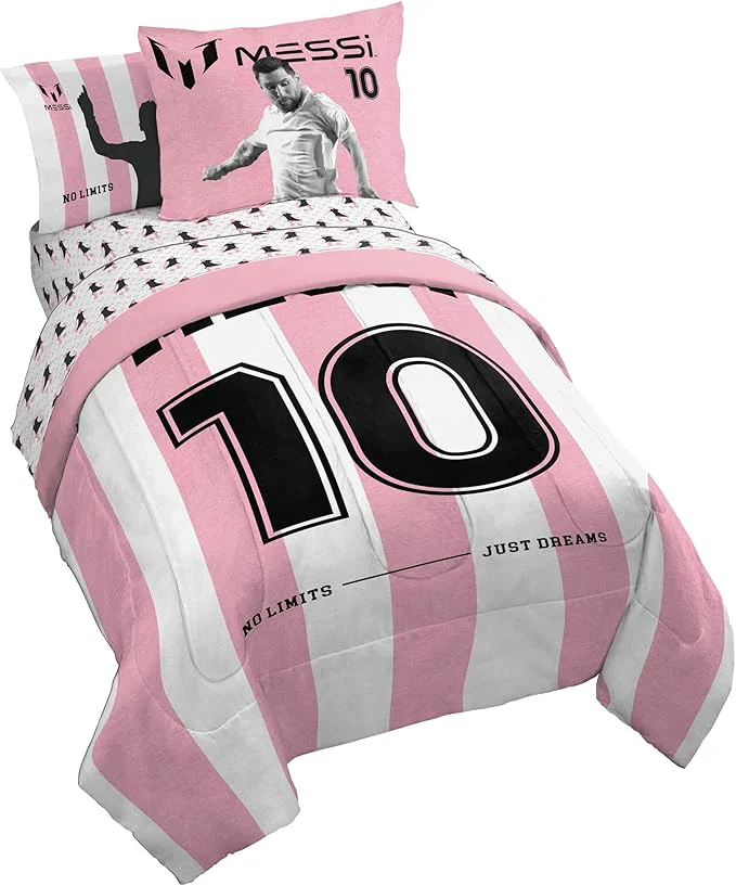 High-Performance Jay Franco Kids Comforter Set Includes Sheets and Pillow Covers – Soft and Cozy Bed Set for Stylish Room Decor Licensed Bedding Pink – Messi 7 Piece Full Durable
