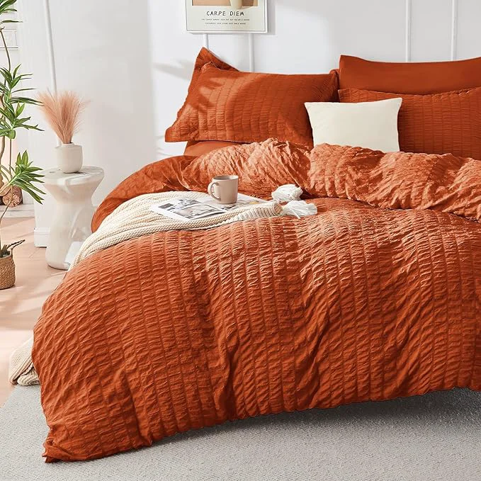 Next-Generation HYMOKEGE Burnt Orange Duvet Cover Full Size Ultra Soft 3-Piece Seersucker Duvet Cover Set with Zipper Closure Soft Brushed Microfiber Bedding Set with 8 Corner Ties 80 quot x90 quot 2 Pillowshams Lightweight