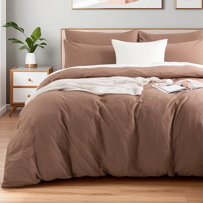 Selected NEXHOME PRO Duvet Cover Set Washed Cotton Super King 108 quot x98 quot Organic Natural Linen Look Textured 3 Pieces Bedding Set Mocha Brown with Zipper Closure Breathable No Comforter Effective