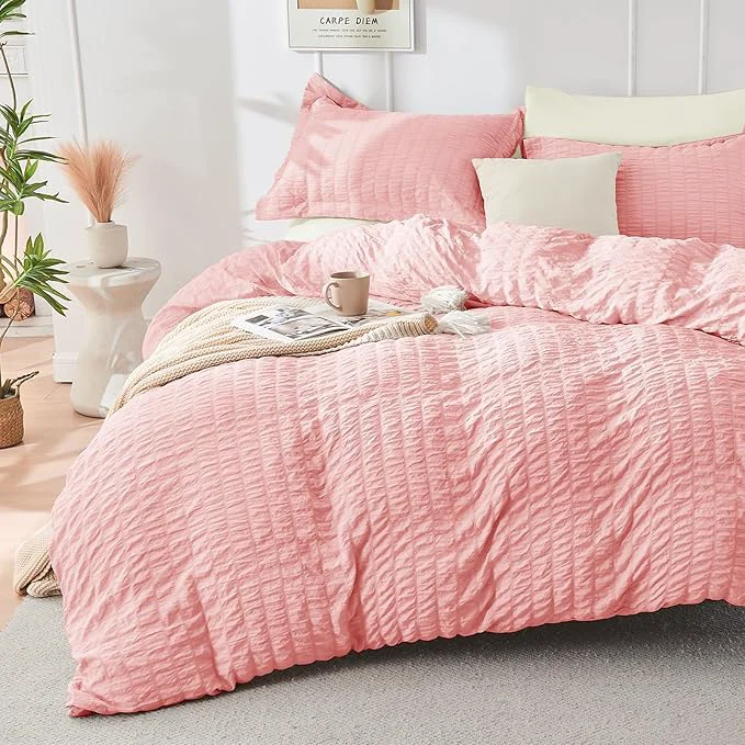 Advanced HYMOKEGE Pink Ivory Duvet Cover Full Size Ultra Soft 3-Piece Seersucker Duvet Cover Set with Zipper Closure Soft Brushed Microfiber Bedding Set with 8 Corner Ties 80 quot x90 quot 2 Pillowshams Fast