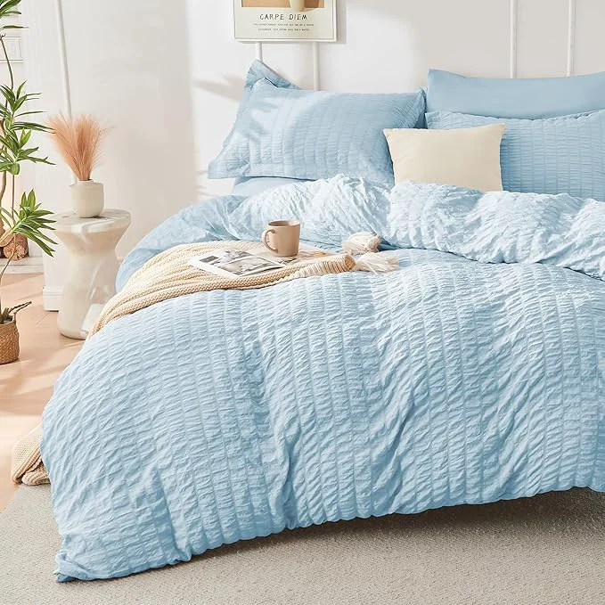 Green HYMOKEGE Lake Blue Duvet Cover King Size Ultra Soft 3-Piece Seersucker Duvet Cover Set with Zipper Closure Soft Brushed Microfiber Bedding Set with 8 Corner Ties 104 quot x90 quot 2 Pillowshams Expertly Made