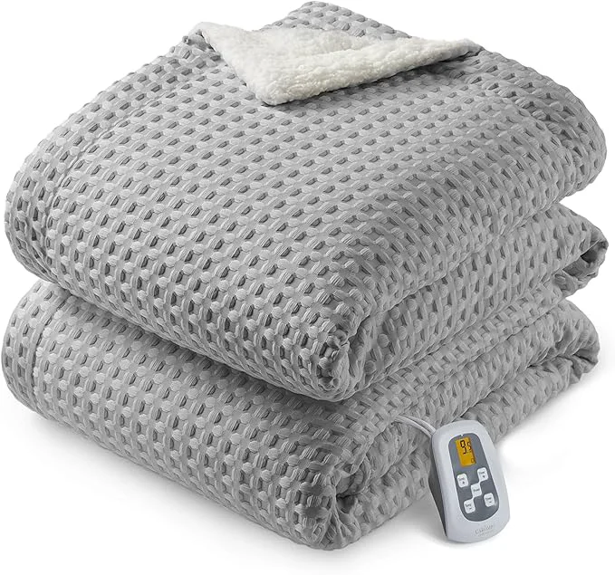 Fashionable CAROMIO Heated Blanket Full Size Waffle Weave Electric Blanket Throw with LCD Controller Fast Heating 10 Heat Levels amp 1-12H Time Settings ETL Machine Washable Grey 72 quot x 84 quot Functional