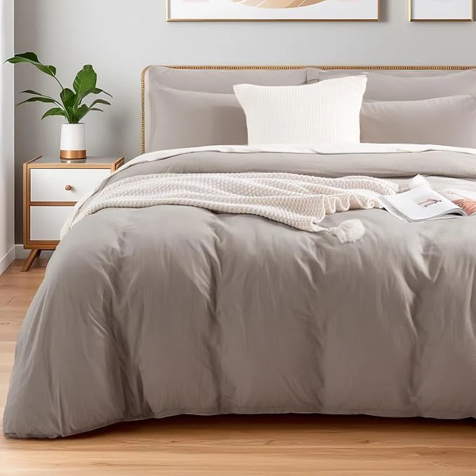 Durable NEXHOME PRO Duvet Cover Full Washed Cotton Linen Feel Textured Organic Natural 3 Pieces Bedding Set with Zipper Closure and Corner Ties Breathable Taupe Grey Expertly Made
