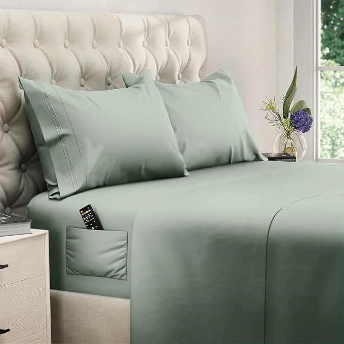 Stylish DREAMCARE Twin XL Sheets Set – 4 Pcs Cooling Bed Sheets with Up to 15 quot Deep Pockets – Soft Long-Lasting Brushed Polyester with Side Pocket Sage Green Durable