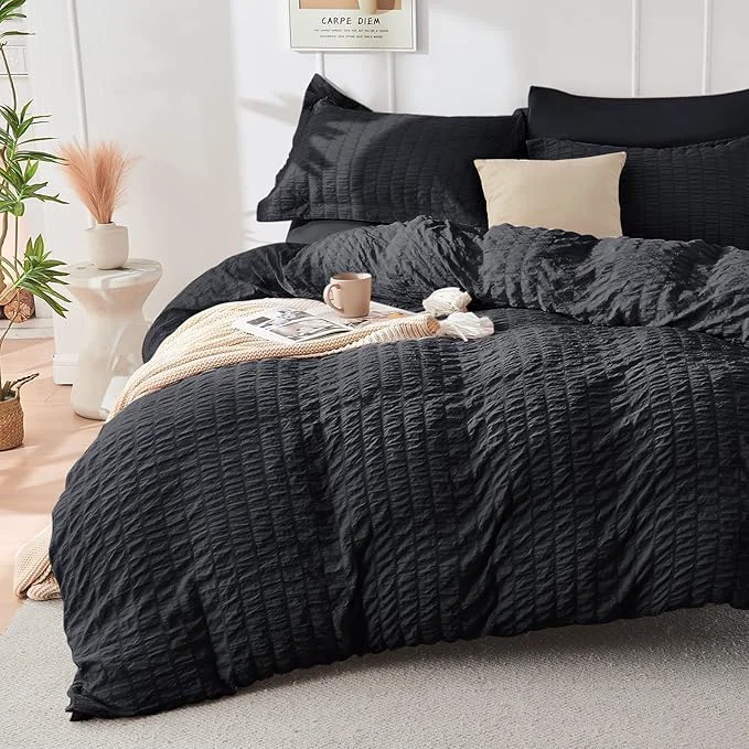 Long-Lasting HYMOKEGE Black Twin Size Duvet Cover Ultra Soft 2-Piece Seersucker Duvet Cover Set with Zipper Closure Soft Brushed Microfiber Bedding Set with 8 Corner Ties 68 quot x90 quot 1 Pillowshams Optimized