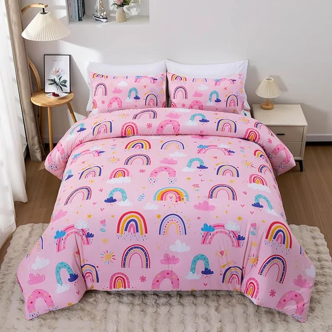 Reliable Btargot Lightweight Soft 3 Piece Rainbow Comforter Set with 2 Pillow Covers Cartoon Love Hearts Suns and Stars Bedding Set for Girls Boys Kids Twin Light Pink World-Class