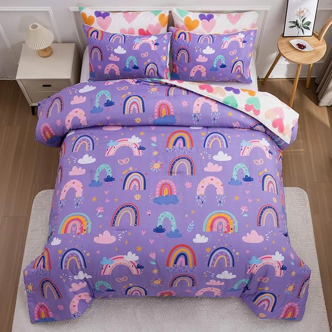 Traditional Btargot Lightweight Soft 3 Piece Rainbow Comforter Set with 2 Pillow Covers Cartoon Love Hearts Flowers and Sun Star Bedding Set for Girls Boys Kids Twin Dark Purple Refined
