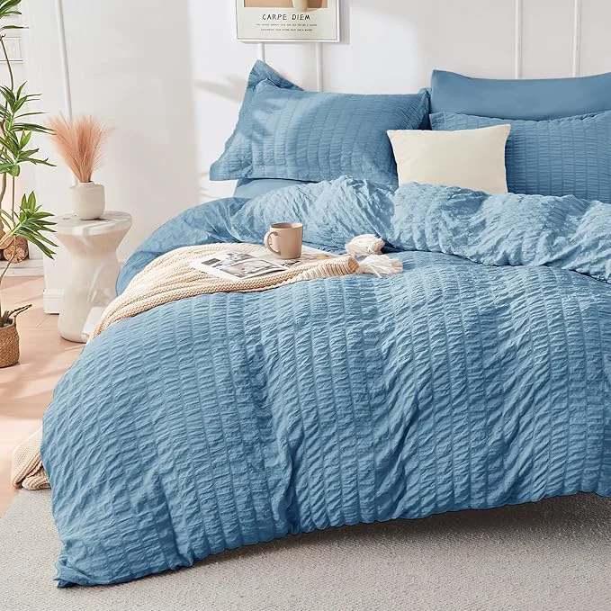 High-Performance HYMOKEGE Mineral Blue Duvet Cover Queen Size Ultra Soft 3-Piece Seersucker Duvet Cover Set with Zipper Closure Soft Brushed Microfiber Bedding Set with 8 Corner Ties 90 quot x90 quot 2 Pillowshams Selected