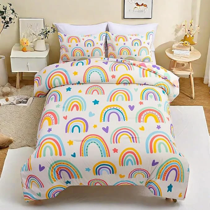 High-Grade Btargot 3 Piece Kids Rainbow Comforter Set with 2 Pillow Covers Cartoon Love Hearts Suns and Stars Bedding Set for Girls Boys Queen Beige Superior