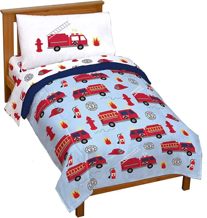 Long-Lasting Jay Franco Trend Collector Go Fire Truck Go 4 Piece Toddler Bed Set – Includes Comforter amp Sheet Set – Super Soft Fade Resistant Microfiber Bedding Smart