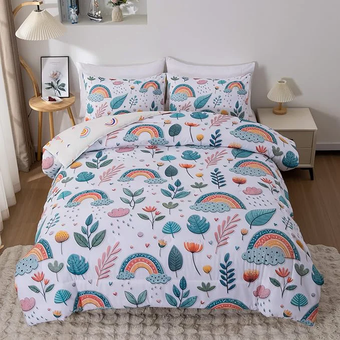Practical Btargot Lightweight Soft 3 Piece Rainbow Comforter Set with 2 Pillow Covers Cartoon Leaves Flowers Bedding Set for Girls Boys Kids Twin Green First-Class