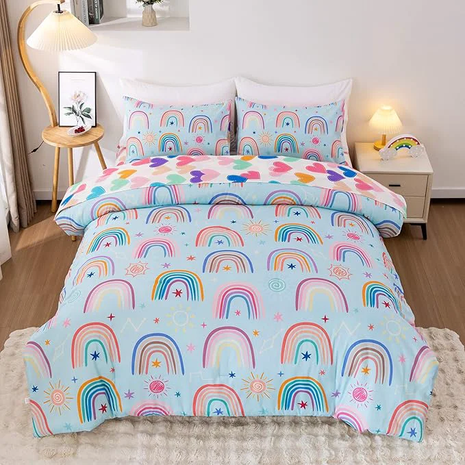Stylish Btargot Lightweight Soft 3 Piece Rainbow Comforter Set with 2 Pillow Covers Cartoon Love Hearts Suns and Stars Bedding Set for Girls Boys Kids Full Light Blue World-Class