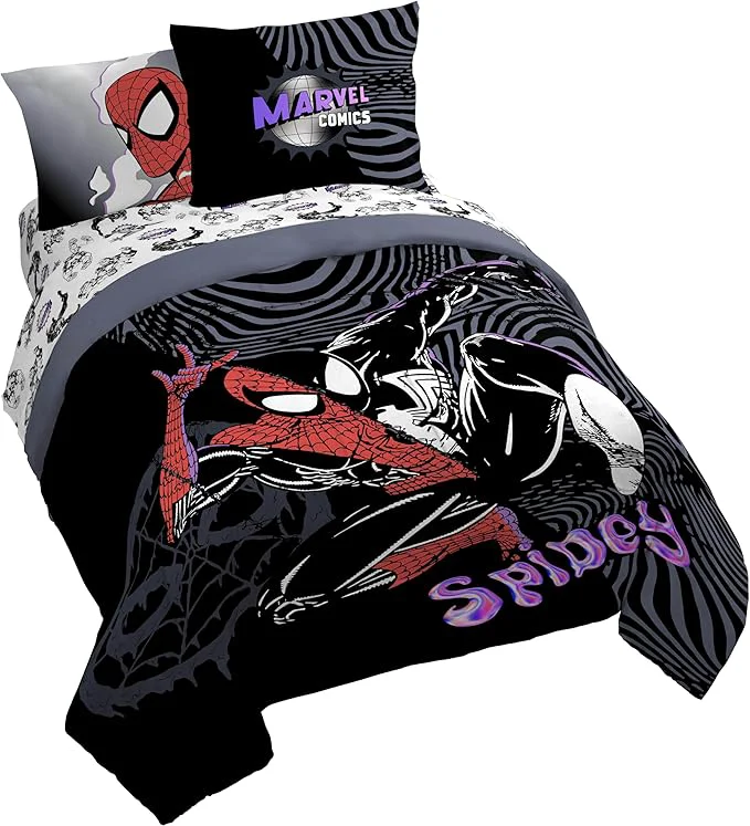 Contemporary Jay Franco Kids Comforter Set Includes Sheets and Pillow Covers – Soft and Cozy Bed Set for Stylish Room Decor Black – Marvel Comics 7 Piece Queen Size Bedding Sustainable