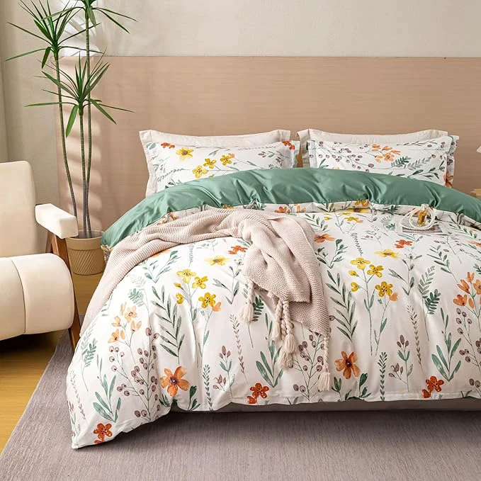 Natural OAITE Duvet Cover Set Queen Size Floral Pattern Ultra Soft Cotton Duvet Cover Sets 3-PC Breathable Duvet Cover with Zipper Closure amp Corner Ties 2 Pillow Shams 1 Duvet Cover Next-Generation