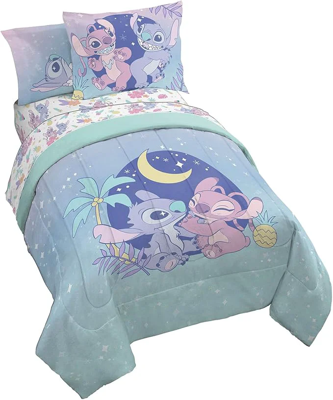 Luxury Jay Franco Disney Lilo and Stitch Full Size Comforter Set – 7 Piece Floral Bedding Includes Sheet Set amp Pillow Covers Features Angel – Super Soft Purple amp Teal Stars Kids Bedding Safe