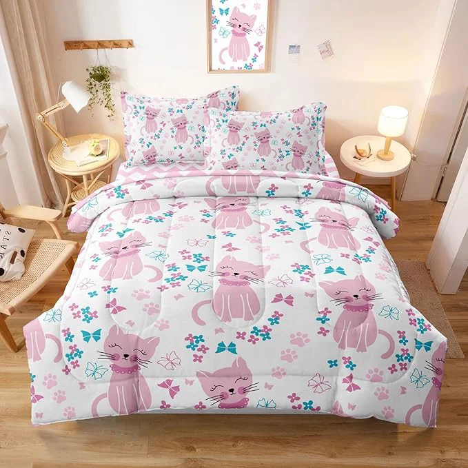 Functional Kids Cat Bedding Twin Size Bed in a Bag Cute Pink Animal Comforter Set for Teen Girls Bedroom Decor Kawaii Floral Butterfly Bedding Sets amp Collections Professional