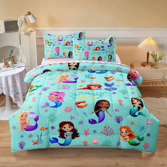 Casual Kids Twin Comforter Set with Sheets for Girls 5-Piece Complete Set Easy-Wash Super Soft Microfiber Comforter Bedding Mermaid Bed Set Twin Size Comfortable