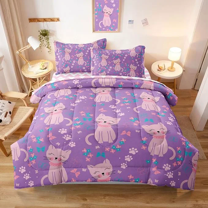 Enhanced 5 Piece Girls Cat Comforter Set Full Size Bed in A Bag Pink Cute Cartoon Cats Bedding Set for Kids Teens 1 Comforter 1 Flat Sheet 1 Fitted Sheet 2 Pillowcases Purple Pink Casual