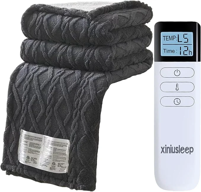 Solid Heated Blanket Electric Blanket 62 quot x84 quot Soft Taffeta Sherpa Electric Throw with 5 Heating Level amp 1-12 Hour Auto Off Heated Throw with Overheating Protection Machine Washable Dark Grey Classic