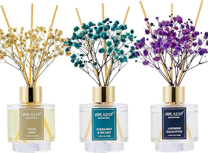 Long-Lasting Airkeep Reed Diffuser Set of 3 Clean Linen Ocean Mist Sea Salt Lavender Comfortable