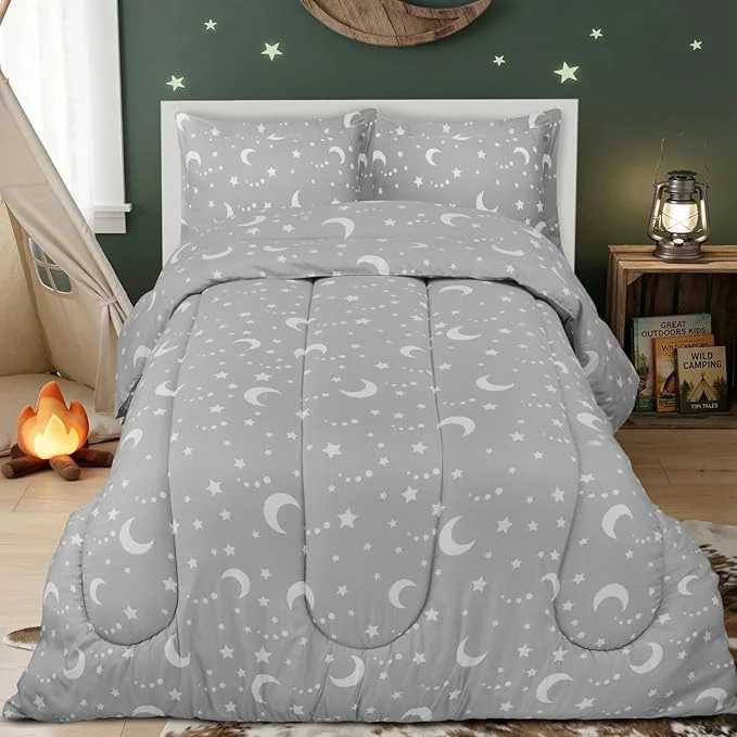 Elegant Utopia Bedding Moon Star Kids Comforter Set with 2 Pillow Shams 3 Piece Soft Microfiber Twin Bed Comforter with Pillow Shams Printed Kids Bedding for Boys and Girls Breathable Easy Care Environmentally Friendly