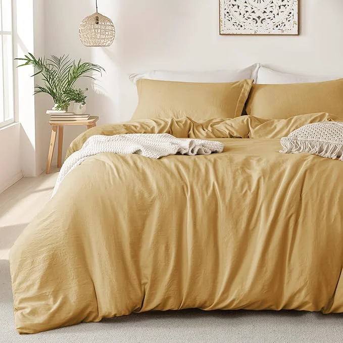 Excellent MILDLY Super Soft Duvet Cover – Washed Microfiber Warm Mustard Yellow Comforter Cover Set 3 Pieces with Zipper Closure amp Corner Ties No Comforter Solid