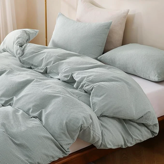 Quality TOCOMOA Mini Gingham Green Duvet Cover Bedding Set Washed Cotton Like Linen Feel Super Soft Comfortable 3 Piece Small Plaid Checkered Comforter Cover Set King 104 quot x90 quot Comforter Not Included