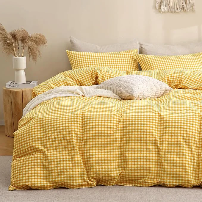 Fine Crafted TOCOMOA Yellow Gingham Duvet Cover Bedding Set Washed Cotton Like Linen Feel Super Soft Comfortable 3 Piece Vintage Plaid Checkered Comforter Cover Set Queen 90 quot x90 quot Comforter Not Included Recyclable