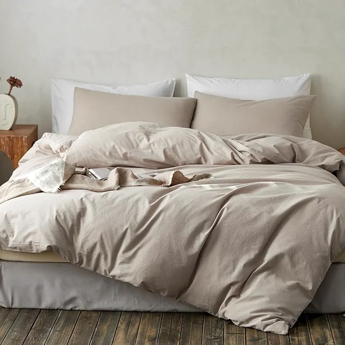 Reusable TOCOMOA Duvet Cover Set Washed Cotton Linen Feel Soft Comfy Breathable 3 Piece Comforter Covers Bedding Set Queen Heathered Linen Grey Durable