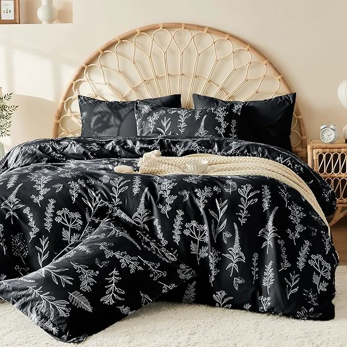 Original Design MUXHOMO Duvet Cover Queen Size Reversible Floral Black Duvet Cover Set with Zipper Closure 3 Pieces Botanical Patterns Soft Microfiber Bedding Set with 4 Ties 90 quot x90 quot 2 Pillow Cases Recyclable