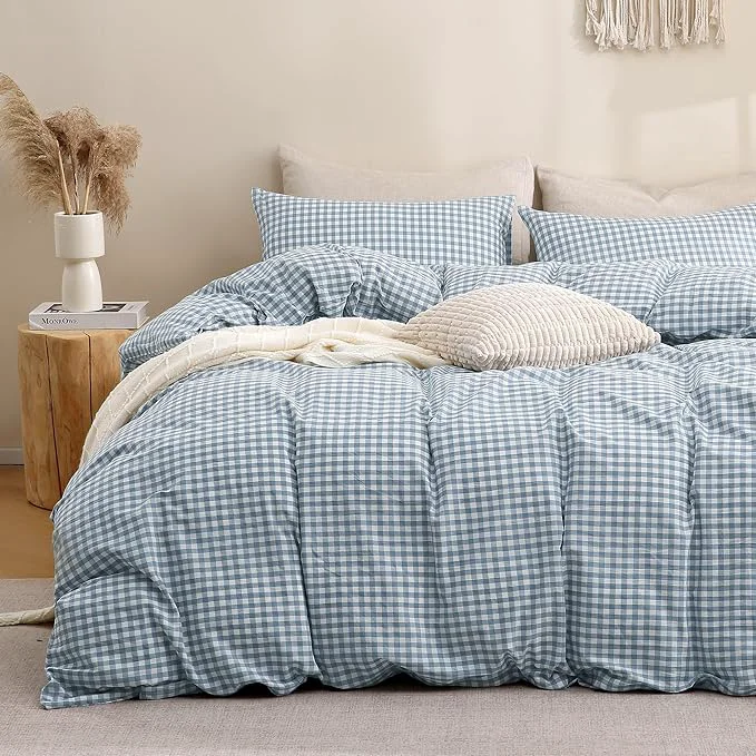 Solid TOCOMOA Blue Gingham Duvet Cover Bedding Set Washed Cotton Like Linen Feel Super Soft Comfy 3 Piece Vintage Plaid Checkered Comforter Cover Set Oversized Queen 98 quot x98 quot Comforter Not Included Original Design