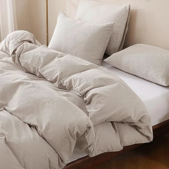 High-Grade TOCOMOA Mini Gingham Tan Duvet Cover Bedding Set Washed Cotton Like Linen Feel Super Soft Comfy 3 Piece Brown Small Plaid Checkered Fall Comforter Cover Set Full 80 quot x90 quot Comforter Not Included Reusable