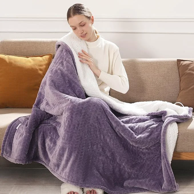 Easy-to-Use Electric Blanket Queen 84 quot x90 quot Heated Blanket Queen Size Dual Control Wheat Pattern Ultra-soft Flannel amp Thick Sherpa with 5 Heat Settings amp 10H Auto Off FCC ETL Machine Washable Lavender Relaxed