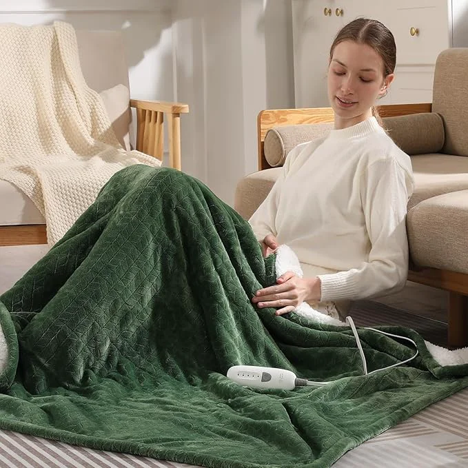Professional Electric Throw Blanket Heated Throw 50 39 39 x60 39 39 – Wheat Pattern Flannel amp Sherpa Heated Lap Blanket with 5 Heat Settings amp 4-Hour Auto Shut-Off ETL amp FCC Machine Washable Home Use Green Crafted