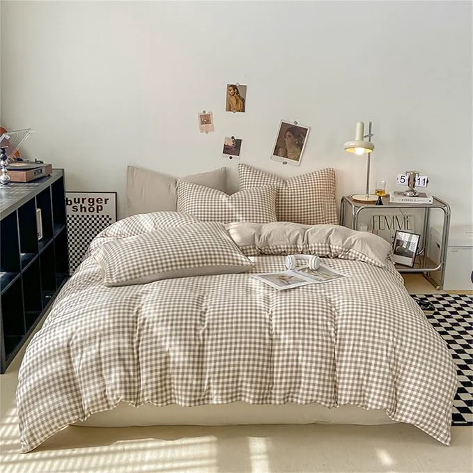Clean Nayoroom Gingham Duvet Cover Full Size Brown Tan Plaid Checkered Comforter Cover Grid Farmhouse Bedding Set 3 Pcs Soft Breathable Washed Microfiber Gifts for Women Men Green