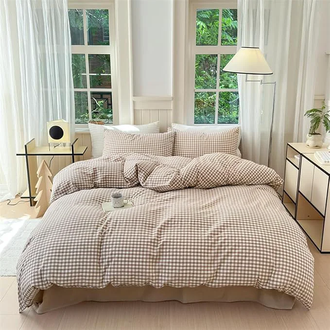 High-Grade Nayoroom Brown Gingham Duvet Cover Queen Size Tan White Plaid Checkered Duvet Cover 3 Pieces Grid Dorm Bedding Set with 2 Pillowcases Soft Breathable Washed Microfiber Premium Material