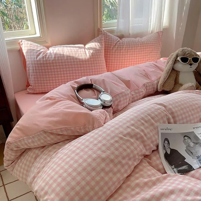 Secure Nayoroom Pink Gingham Duvet Cover Twin Size Reversible Plaid Checkered Duvet Cover 2 Pieces Soft Breathable Washed Microfiber Girls Dorm Bedding Set for All Season Flexible