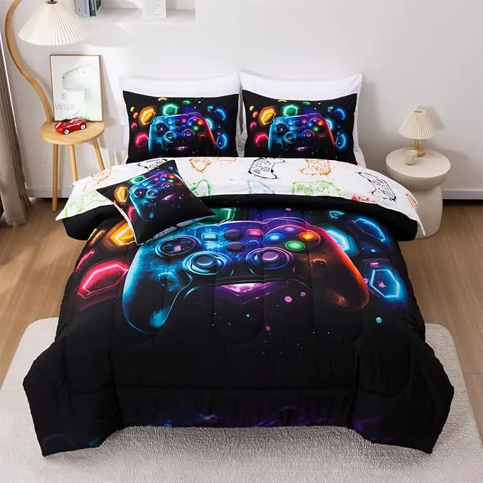 Detailed Aimuan Game Console Comforter Set for Boys Girls Kids Space Universe Gaming Geometric Lightweight Microfiber Gamer Bedding Sets Black-Multi Twin 6Pcs Quality