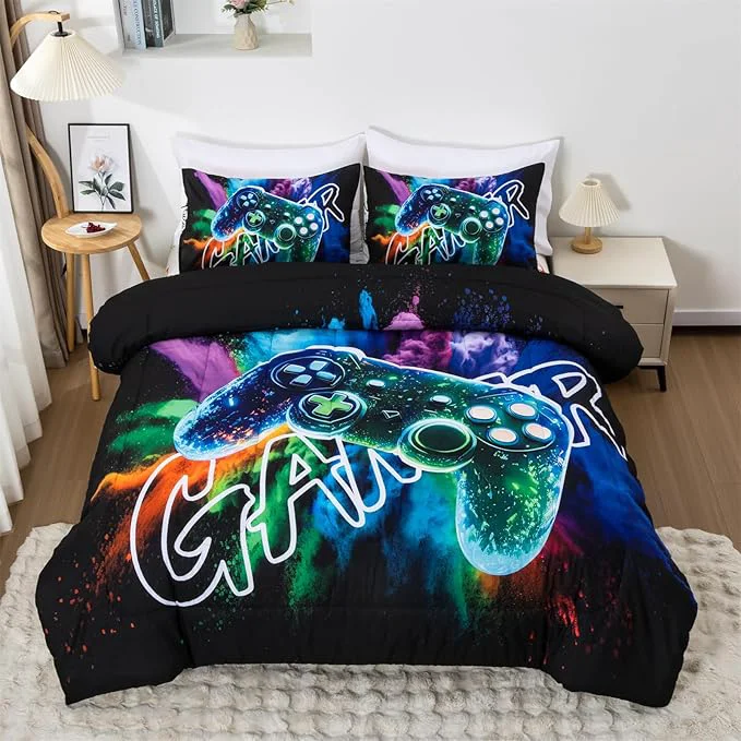 Eco-Friendly Aimuan Gamer Gaming Bedding Sets 3D Gamepad Comforter Sets for Boys Games Console Action Buttons Novelty Colorful Game Controller Modern Room Decor Home Quilt Set Black-Green Twin Reliable