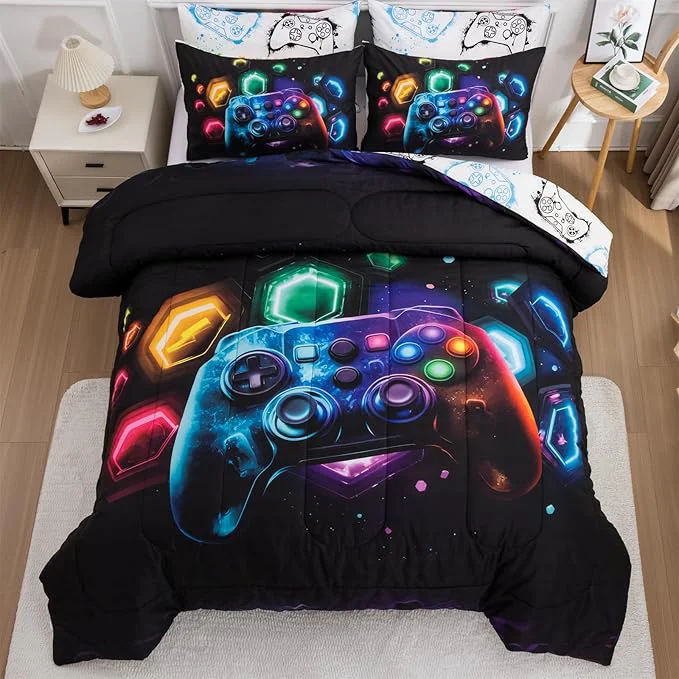 Proven Aimuan Game Console Comforter Set for Boys Girls Kids Space Universe Gaming Geometric Lightweight Microfiber Gamer Bedding Sets Black-Multi Twin 3PCS Unique
