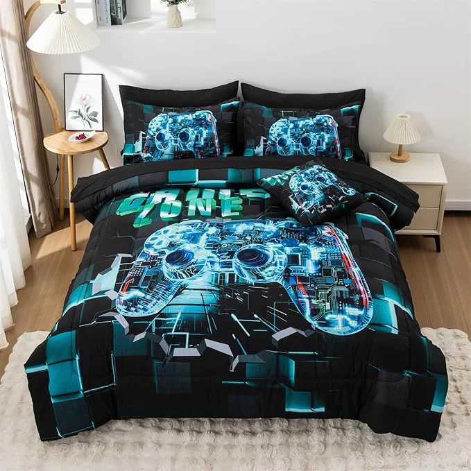Specialty Aimuan Gamer Gaming Bedding Sets 3D Gamepad Comforter Sets for Boys Games Console Action Buttons Novelty Colorful Game Controller Modern Room Decor Home Quilt Set Cyan Twin 3PCS Organic