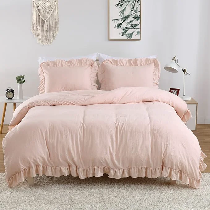 Powerful Pink Ruffle Duvet Cover Queen Size 3PCS Soft Washed Microfiber Vintage French Country Duvet Cover Set for Queen Bed Pink 90×90 in Recyclable