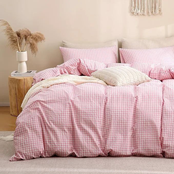 Green TOCOMOA Pink Gingham Duvet Cover Bedding Set Washed Cotton Like Linen Feel Super Soft Comfortable 2 Piece Cute Plaid Checkered Comforter Cover Set Twin 68 quot x90 quot Comforter Not Included Luxury