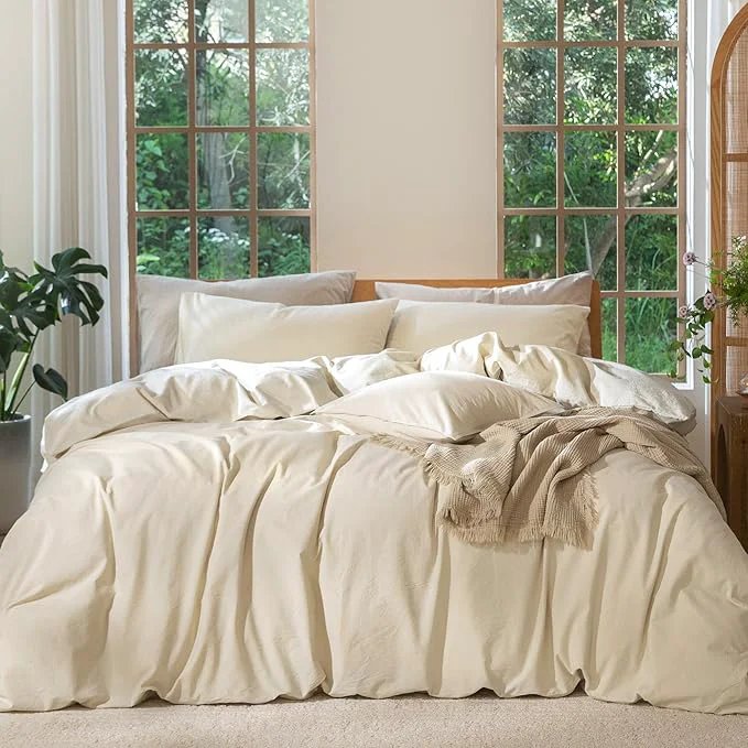 Verified MooMee Bedding Duvet Cover Set Washed Cotton Linen Like Textured Breathable Durable Soft Comfy Heathered Almond Milk Grey Queen 90 quot x90 quot Relaxed