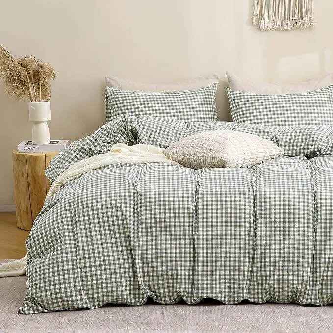 Long-Lasting TOCOMOA Green Gingham Duvet Cover Bedding Set Washed Cotton Like Linen Feel Super Soft Comfortable 3 Piece Vintage Plaid Checkered Comforter Cover Set Full 80 quot x90 quot Comforter Not Included Verified